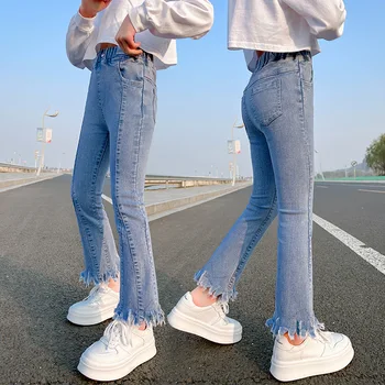 Новые весенние джинсы для девочек-подростков из джинсового материала, брюки с разрезом и высокой талией, расклешенные брюки, детская одежда для девочек 5-16 лет