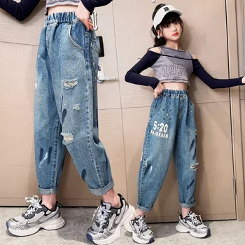 Новые модные детские джинсы для девочек-подростков, джинсы на весну-осень, джинсовые шаровары с эластичной резинкой на талии для девочек, детские повседневные брюки