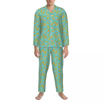 Пижамный комплект в банановую полоску, желтые фрукты, Модная пижама унисекс с длинными рукавами, повседневная Свободная пижама для отдыха из двух частей, большой размер