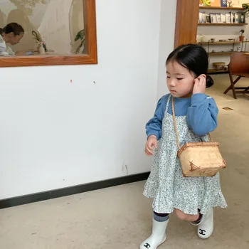Платье для девочек в корейском стиле, детский костюм, весна и осень, новая детская одежда, платье-жилет с цветочным рисунком для маленькой девочки, комплект из двух предметов Z