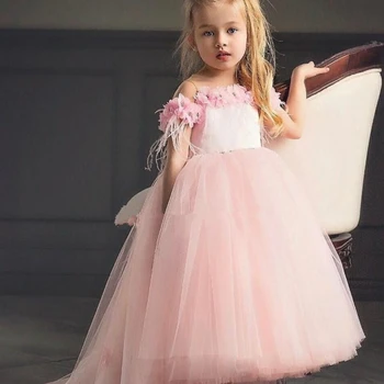 Платья для девочек в цветочек, многоуровневые кристаллы, Розовое платье трапециевидной формы длиной до пола для девочек, детское праздничное платье на одно плечо без рукавов для причастия