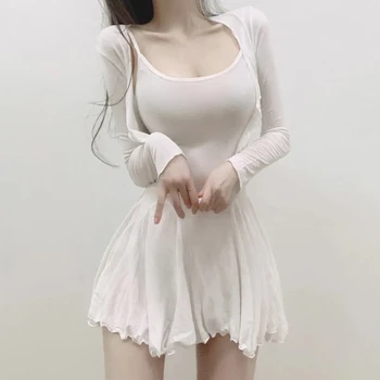 Платья трапециевидной формы, женское корейское модное весенне-летнее платье, костюм + топы, комплекты из 2 предметов, мини-халаты, туника, сексуальное мини-платье с оборками