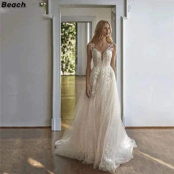 Пляжное Элегантное свадебное платье 2024, кружевное платье невесты с открытой спиной, Трапециевидный шлейф, Свадебные платья Vestido Novia 2024