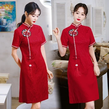 Ретро Китайское Традиционное Красное Улучшенное Свадебное Платье Ципао в Национальном Стиле С Коротким Рукавом Cheongsam Elegant