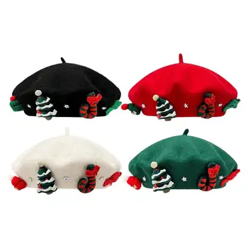 Рождественская Шляпа Берет Японский сладкий Рождественский элемент нашивка красный берет для женщин в осенне-зимней теплой атмосфере шерстяная краска