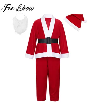 Рождественский костюм Санта-Клауса для детей, мальчиков, Рождественский новогодний красный наряд, топы с длинными рукавами, шляпа, брюки с бородой, детский косплей на Хэллоуин