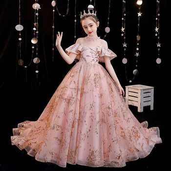 Розовое бальное платье Детские платья для девочек в цветочек Придворный шлейф Детские Платья для свадьбы, Дня Рождения, выпускного вечера