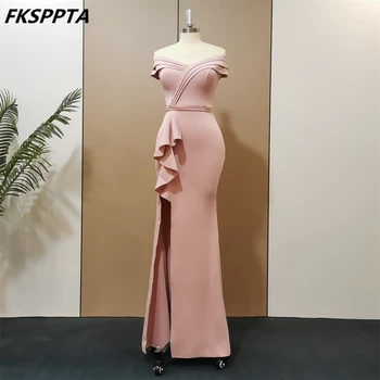 Розовое элегантное длинное вечернее платье с открытыми плечами из растянутого атласа с высоким разрезом, женские вечерние платья для выпускного вечера Оптом