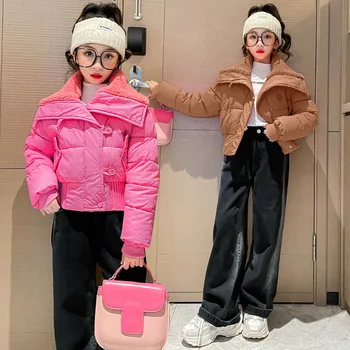 розовые зимние теплые куртки для девочек 8, 10, 12, 14 лет, модное короткое пальто с хлопковой подкладкой, теплая утепленная детская одежда, верхняя одежда