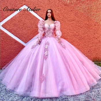 Розовые пышные пышные платья с длинным рукавом, бальное платье с кружевными аппликациями, платье для дня рождения, платье на шнуровке, Милая, 16 платьев