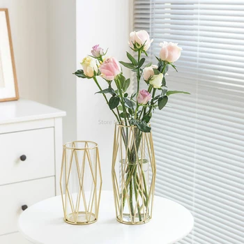 Роскошные Прозрачные Стеклянные вазы с металлической золотой Маленькой вазой Геометрическая Гидропонная ваза Украшения для цветов в домашней комнате