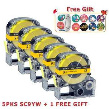 (С рождественской наклейкой) 5PKS 9 мм Черный на желтом SC9YW/LC-3YBW9 LC-3YBW совместим с LW300, LW400, LW600
