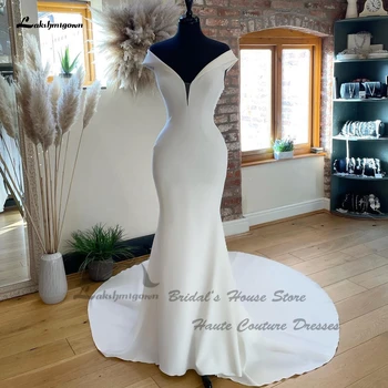 Свадебное платье-русалка с открытыми плечами, белое свадебное платье-русалка для женщин 2023, халат из креп-атласа, Пляжное свадебное платье с открытой спиной, расшитое бисером