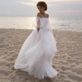 Свадебные платья из тюля с открытыми плечами и рюшами, асимметричный корсет на заказ, длинное пляжное кружевное платье в стиле бохо с аппликацией