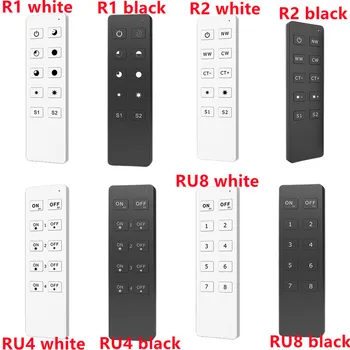 Светодиодный диммер R1 R2 RU4 одноцветный, двухцветный, RGB, RGBW или RGB + CCT RF СВЕТОДИОДНЫЙ контроллер Каждый пульт дистанционного управления может соответствовать одному или нескольким приемникам