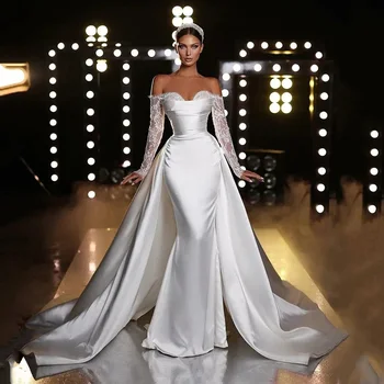 Сексуальное атласное Свадебное платье с открытыми плечами и съемным шлейфом, длинные рукава в виде сердечка, Кружевные женские вечерние платья Mermiad, Vesti