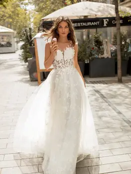 Сексуальные свадебные платья трапециевидной формы с цветочной кружевной аппликацией и глубоким V-образным вырезом Vestido De Noiva, Сшитое на заказ Свадебное платье