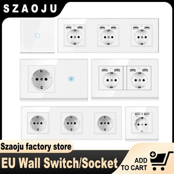 Сенсорный выключатель света Szaoju с настенными розетками EU USB, Сенсорные переключатели из белого стекла, Светодиодная панель с синей подсветкой, настенный выключатель 1/2 / 3Gang