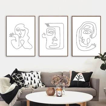 Современный абстрактный рисунок лица в одну линию, художественные принты, черно-белый минималистичный настенный арт, картина на холсте, плакат в скандинавском стиле, домашний декор