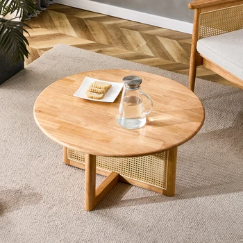 Современный круглый журнальный столик с вставками из ротанга, Деревянный круглый чайный столик для гостиной, столовой, домашнего офиса