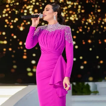 Темперамент Розово-красные Вечерние платья для официальных мероприятий с длинным рукавом и высоким воротом, расшитые бисером, плиссированные Русалки в арабском Дубае, платье для выпускного вечера для женщин