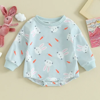 Толстовка для маленьких девочек 0-18 м, комбинезон с длинными рукавами и принтом Пасхального кролика, комбинезоны для новорожденных, милая одежда для малышей