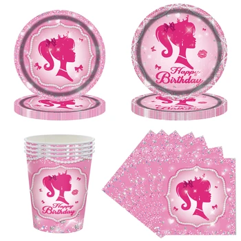 Украшения на день рождения в розовой тематике для девочек, одноразовая посуда, Бумажные салфетки, чашки, тарелки, скатерти, солома