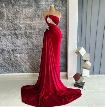 Формальные Красные платья для выпускного вечера Русалки для женщин, Атласные платья со складками без бретелек и кристаллов, Сексуальные Вечерние платья Robe De Mariage