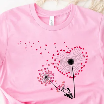 Футболка с одуванчиком и сердечком, футболки с полевыми цветами на День Святого Валентина, для Blossoms Valentines s