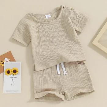 Хлопчатобумажная льняная одежда для маленьких мальчиков и девочек, однотонные топы с короткими рукавами, Шорты с завязками, комплект из 2 предметов, летняя одежда для малышей