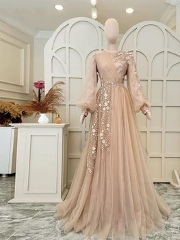 Элегантное мусульманское вечернее платье А-силуэта из тюля цвета шампанского с длинными рукавами и бусинами, Марокканский кафтан, Мусульманские вечерние платья для вечеринок от Haute Couture