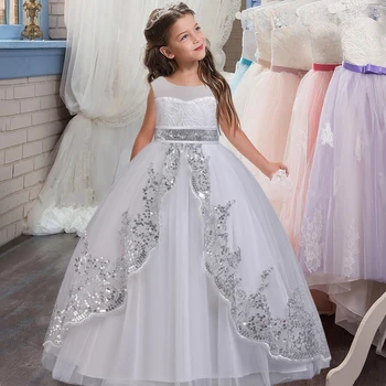 Элегантный блесток девочек свадебное платье белый цветок аппликация невесты Детские платья для девочек выпускные Принцесса кружева банкетный платье
