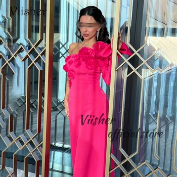 Ярко-розовые вечерние платья Русалки с одним рукавом и 3D цветами в арабском Дубае, вечернее платье для выпускного вечера длиной до пола, свадебные платья для гостей 2024